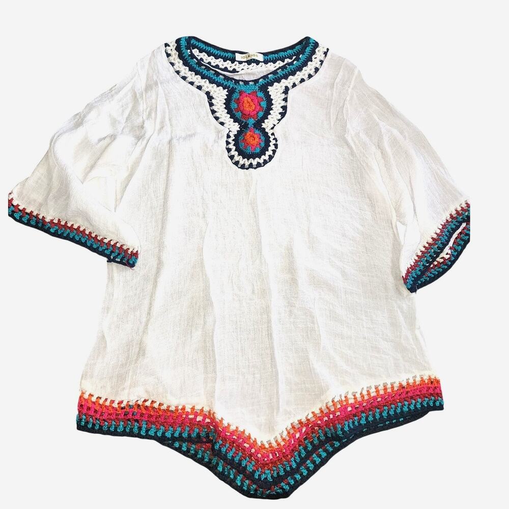 Iolanda Bohemian White Gauze Tunic Beach Cover Up Crochet